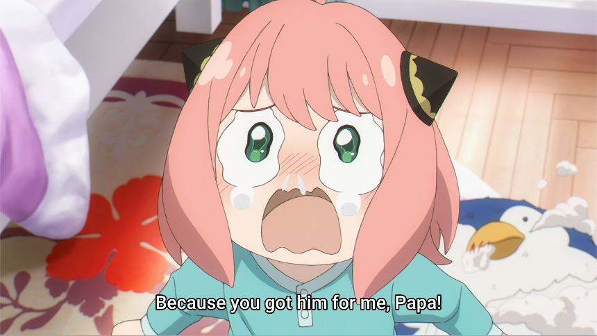 'Spy x Family' anime screenshot showing Anya reacting to Loid's intention to buy her a new penguin plush. 