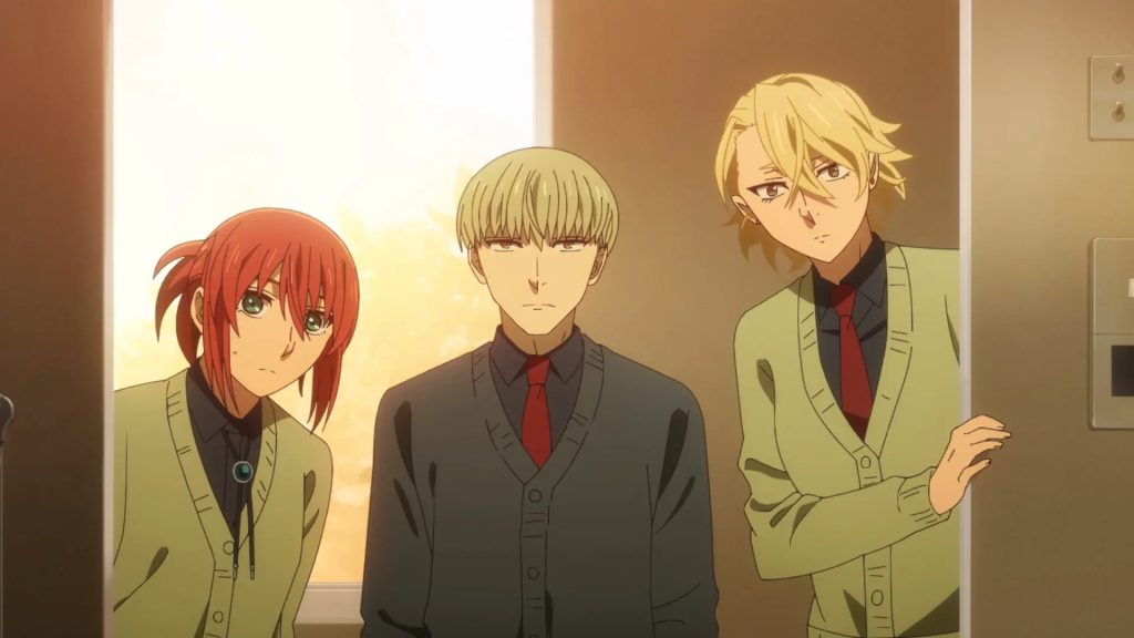 'The Ancient Magus' Bride season 2' Ep. 3 "Birds of a feather flock together. II" screenshot depicting Chise, Rian, and Alice peering in on Elias getting a tongue-lashing by Renfred.