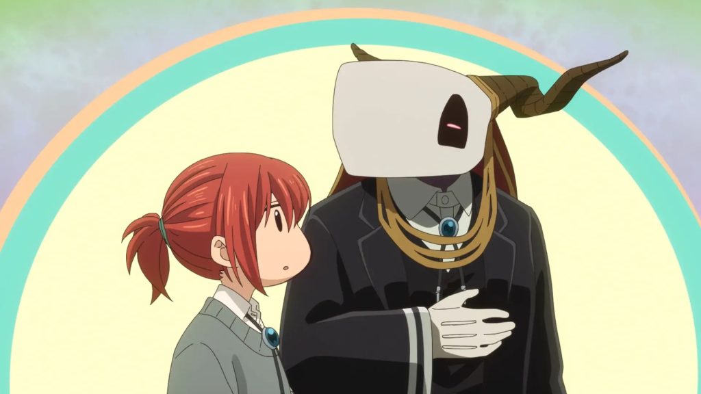'The Ancient Magus' Bride season 2' Ep. 3 "Birds of a feather flock together. II" screenshot depicting a chibified Chise talking to a chibified Elias.