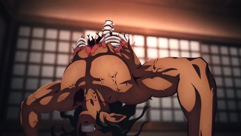'Demon Slayer: Kimetsu no Yaiba – Swordsmith Village Arc' Ep. 3 "A Sword from Over 300 Years Ago" screenshot depicting regenerating from the neck down while doing a handstand.