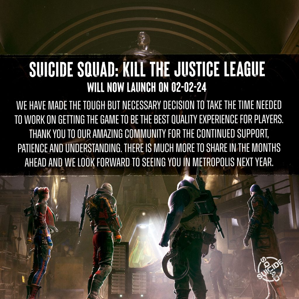 'Suicide Squad: Kill the Justice League' delay announcement image on Twitter.