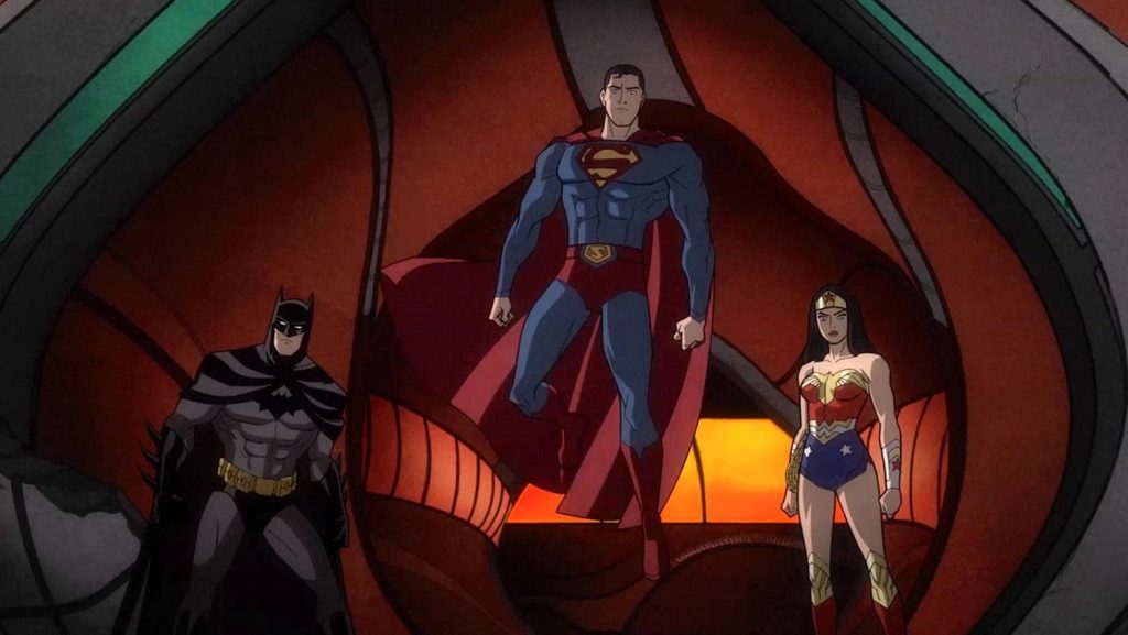 'Justice League: Warworld' screenshot depicting Batman, Superman, and Wonder Woman in the titular Warworld.