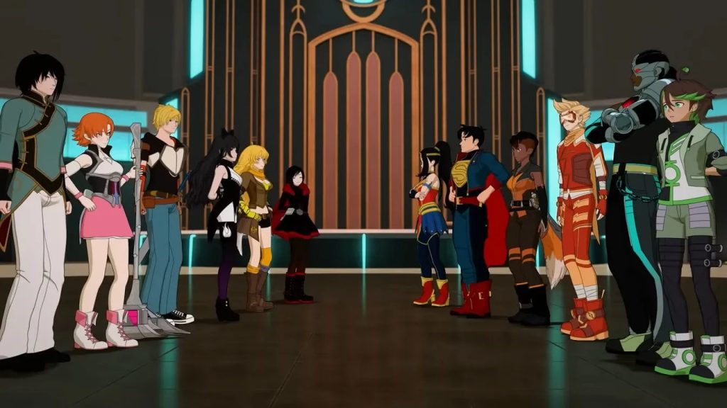'Justice League x RWBY: Super Heroes & Huntsmen Part One' screenshot depicting most of RWBY meeting most of the Justice League.