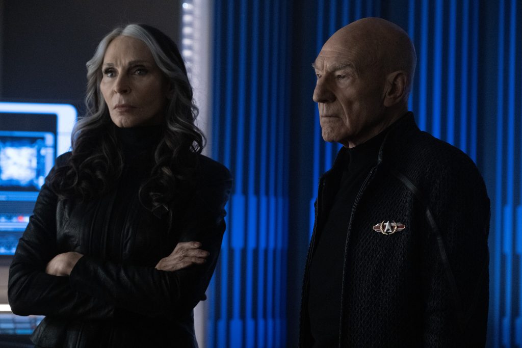 Gates McFadden as Dr. Beverly Crusher and Patrick Stewart as Picard in "Vox" Episode 309, Star Trek: Picard on Paramount+.  Photo Credit: Trae Patton/Paramount+. ©2021 Viacom, International Inc.  All Rights Res