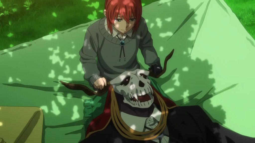 'The Ancient Magus' Bride season 2' Ep. 3 "Birds of a feather flock together. II" screenshot depicting Elias lying on Chise's lap to find out what it's like to lie down on the "ground".