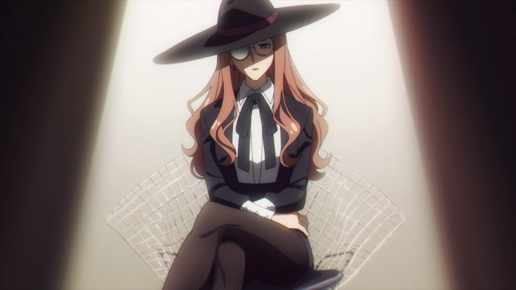 'Spy x Family" anime screenshot depicting Sylvia Sherwood sitting on a chair bathed in a spotlight in the dark.