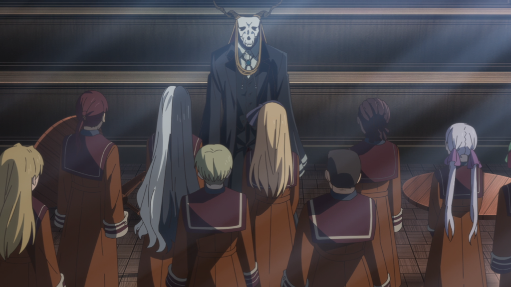 'The Ancient Magus' Bride season 2' Ep. 2 "Birds of a feather flock together. I" screenshot depicting speaking solemnly and bluntly to his new class.