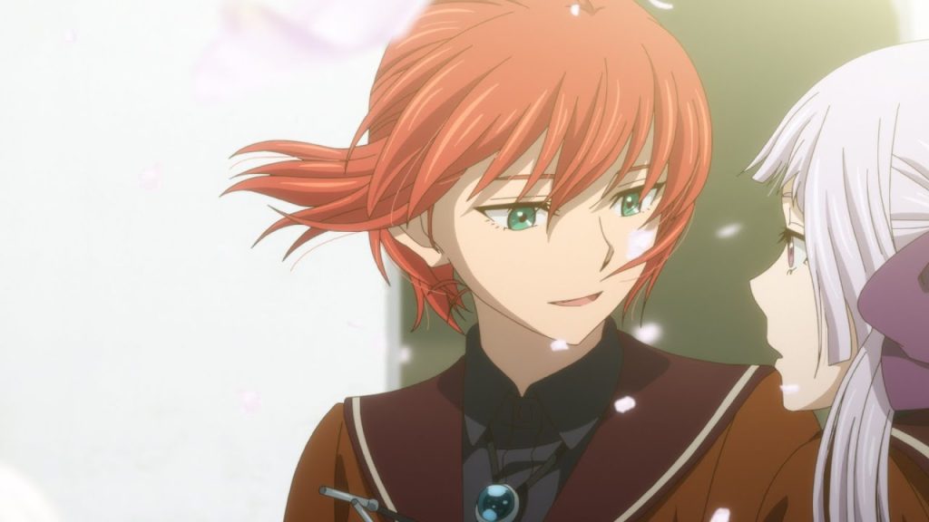 'The Ancient Magus' Bride season 2' Ep. 1 "Live and let live. II" screenshot depicting Chise speaking to the silver-haired girl amidst a flurry of flower petals.