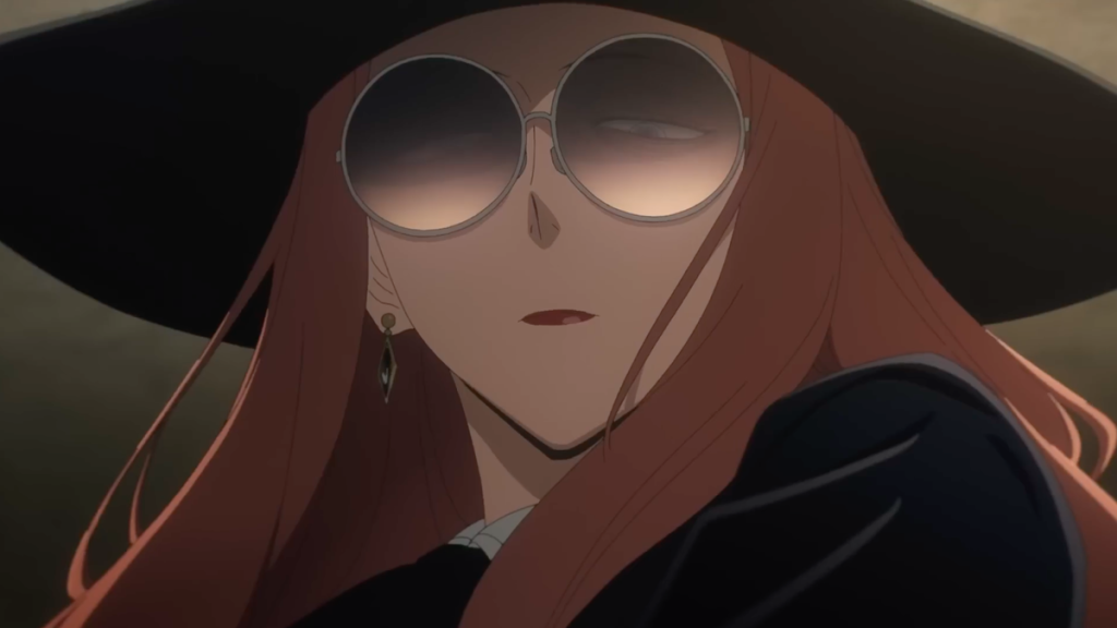 'Spy x Family" anime screenshot depicting Sylvia Sherwood staring down into the audience with the most terrifying expression.