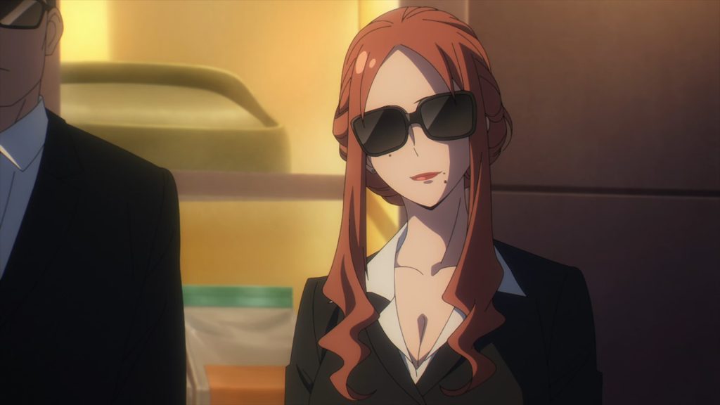 'Spy x Family" anime screenshot depicting Sylvia Sherwood in a disguise smiling sadly at Anya.