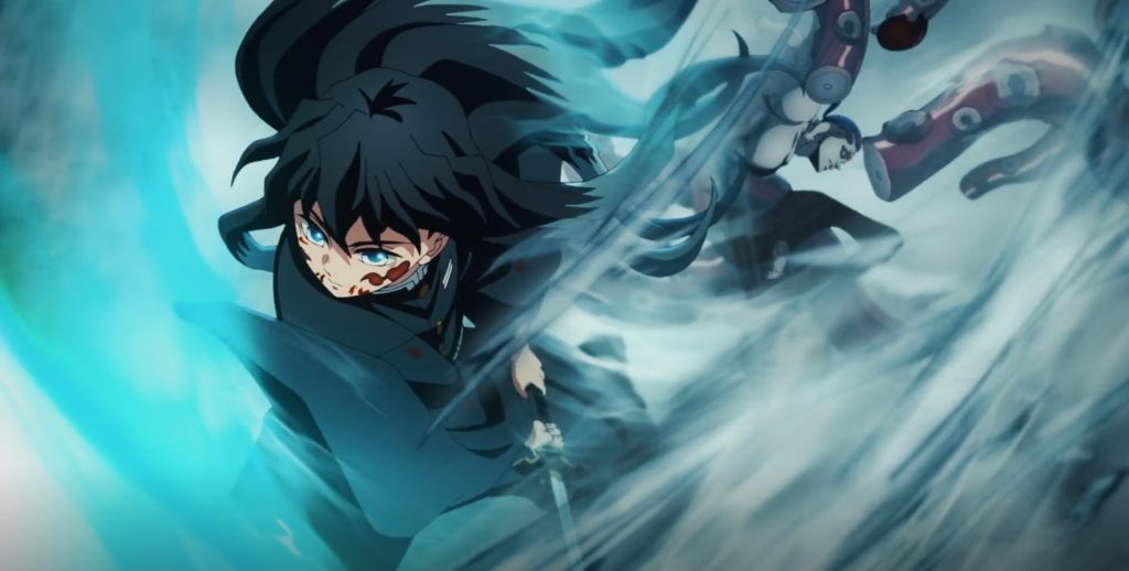 Demon Slayer: Kimetsu no Yaiba – Swordsmith Village Arc Ep. 8 "The Mu in Muichiro" screenshot depicting Muichiro cutting through Gyokko's tentacles with his misty slashes.