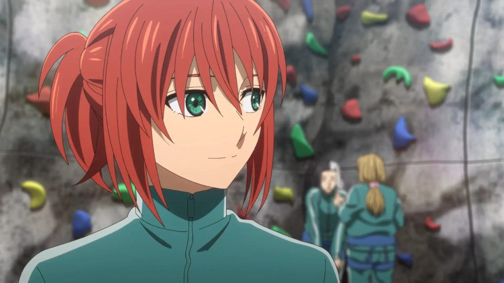 'The Ancient Magus' Bride' season 2 Ep. 7 "Slow and sure. I" screenshot depicting a happy Chise at an indoor rock-climbing class.