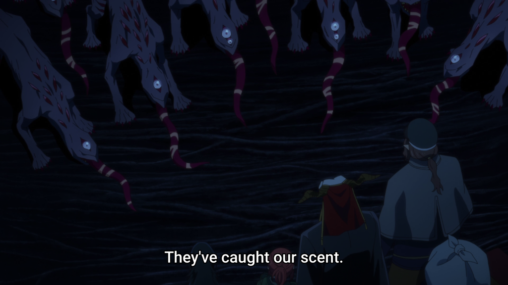 'The Ancient Magus' Bride' season 2 Ep. 4 "The cowl does not make the monk." screenshot depicting Chise and co. being confronted by the Hounds while taking a shortcut to the College.