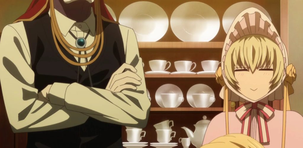 'The Ancient Magus' Bride season 2' Ep. 6 "Better bend than break." screenshot depicting Silky enjoying watching Alice enjoy her cooking, with Elias looming next to her.