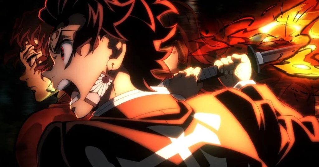 'Demon Slayer: Kimetsu No Yaiba – Swordsmith Village Arc' Ep. 5 "Bright Red Sword" screenshot depicting Tanjiro wielding his flaming sword with the Demons seeing his ancestor overlaid onto him.