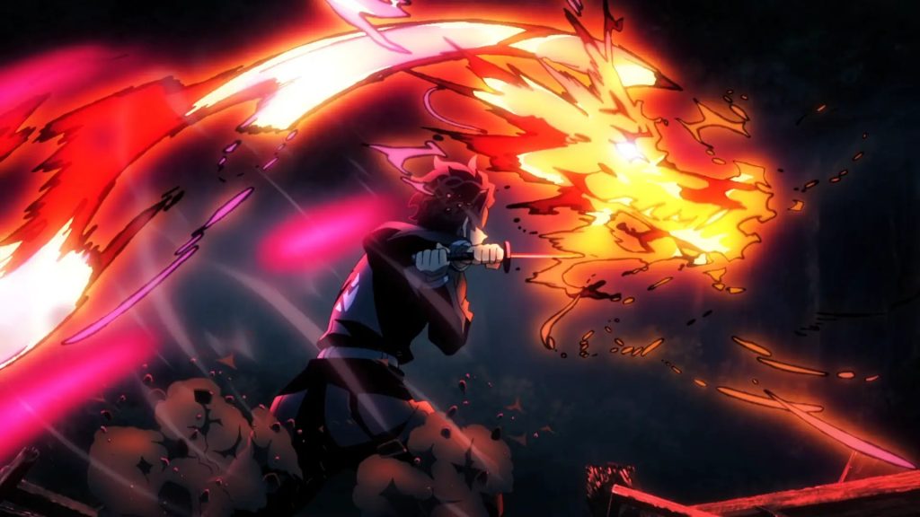 'Demon Slayer: Kimetsu No Yaiba – Swordsmith Village Arc' Ep. 5 "Bright Red Sword" screenshot depicting Tanjiro swinging his now flaming sword.