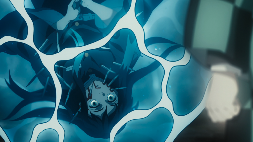 'Demon Slayer: Kimetsu no Yaiba – Swordsmith Village Arc Ep. 7 "Awful Villain"' screenshot depicting Muichirō floaing in his water vase prison while hallucinating seeing Tanjiro.