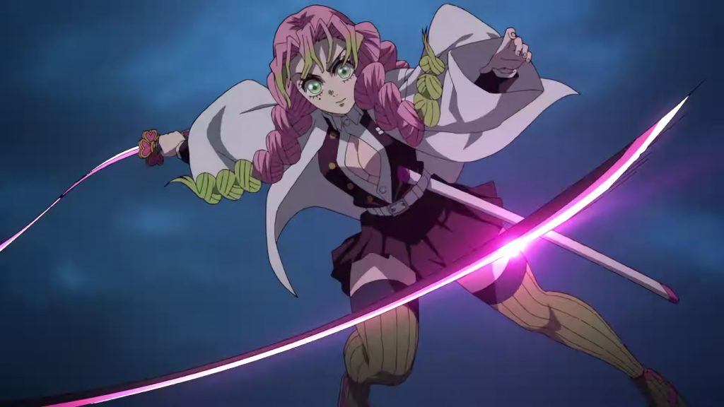 'Demon Slayer: Kimetsu No Yaiba – Swordsmith Village Arc' Ep. 5 "Bright Red Sword" screenshot depicting Mitsuri wielding her urumi in battle.