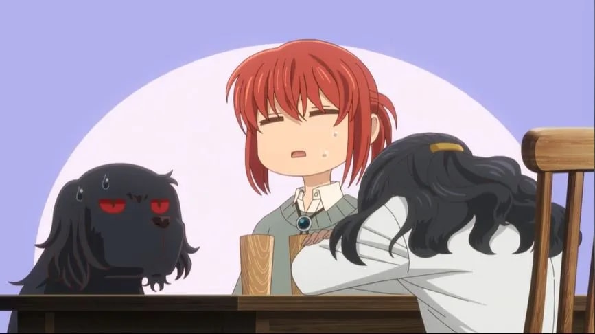 'The Ancient Magus' Bride' season 2 Ep. 4 "The cowl does not make the monk." screenshot depicting Rahab, Chise, and Ruth all being exasperated by Elias, chibi-style.