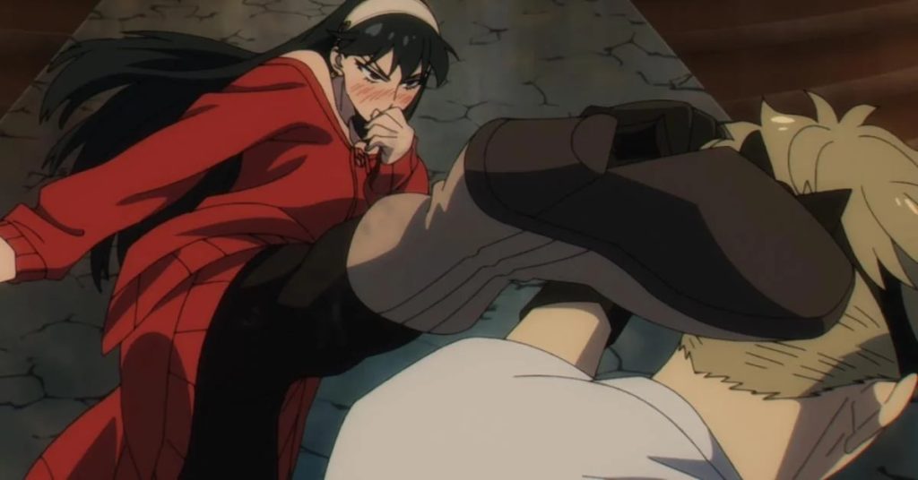 'Spy x Family' anime screenshot depicting a still very drunk Yor delivering a roundhouse kick to Loid's face, who does a last-second block with his hand.