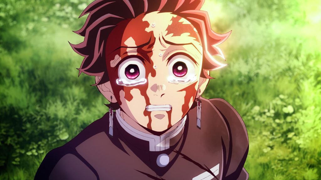 Demon Slayer: Kimetsu no Yaiba – Swordsmith Village Arc Ep. 11 "A Connected Bond: Daybreak and First Light" screenshot depicting Tanjiro crying in relief at seeing Nezuko alive in the sun.