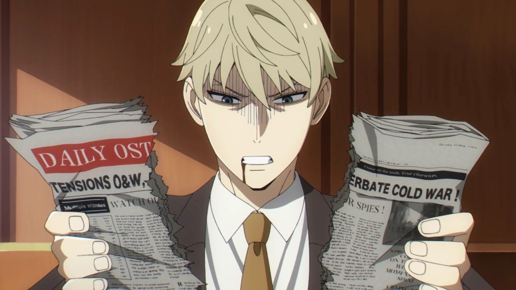 Spy x Family anime screenshot depicting Loid tearing apart a newspaper in frustration at his latest orders.