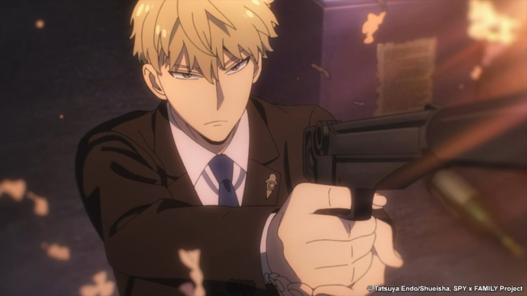 Spy x Family anime screenshot depicting Loid holding his signature suppressed pistol and firing at an offscreen target.