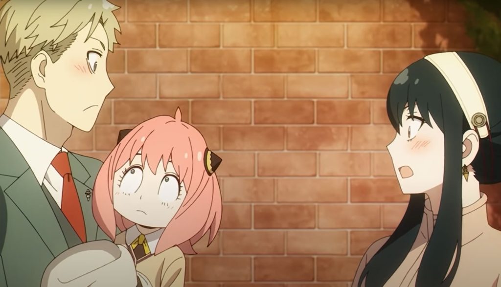 Spy x Family anime screenshot depicting Anya blithely noting Loid and Yor flirting with each other out loud.