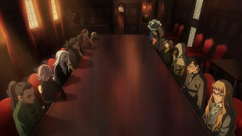 The Ancient Magus' Bride Season 2 Ep. 9 "Conscience does make cowards of us all. I" screenshot depicting all the teachers at the College assembled for a meeting.