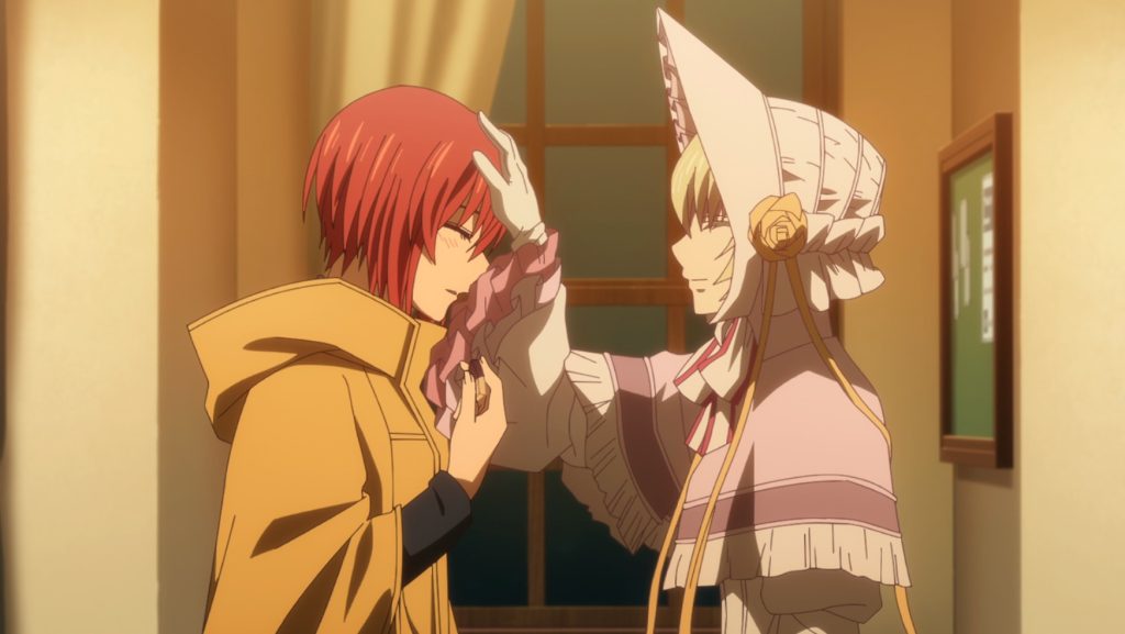 The Ancient Magus' Bride season 2 Ep. 11 "A small leak will sink a great ship. I" screenshot depicting Silky giving Chise some final headpats before Chise goes to live at the College for a while.