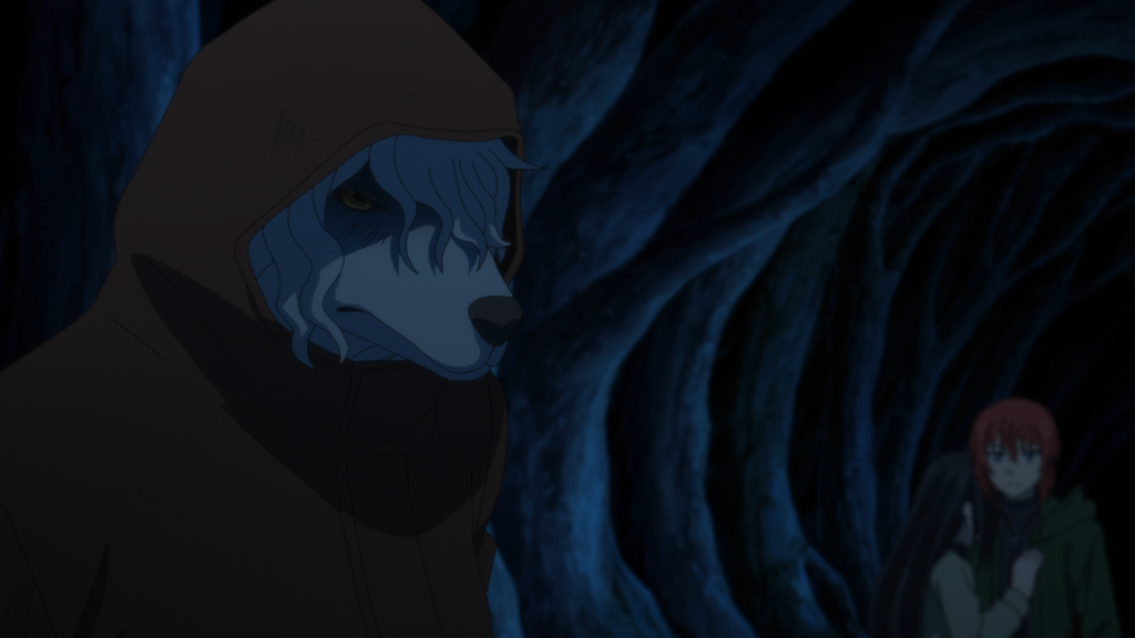 The Ancient Magus' Bride season 2 Ep. 10 "Conscience does make cowards of us all. II" screenshot depicting one of the werewolves blocking Chise and Lucy's way in the shortcut...but not for long.