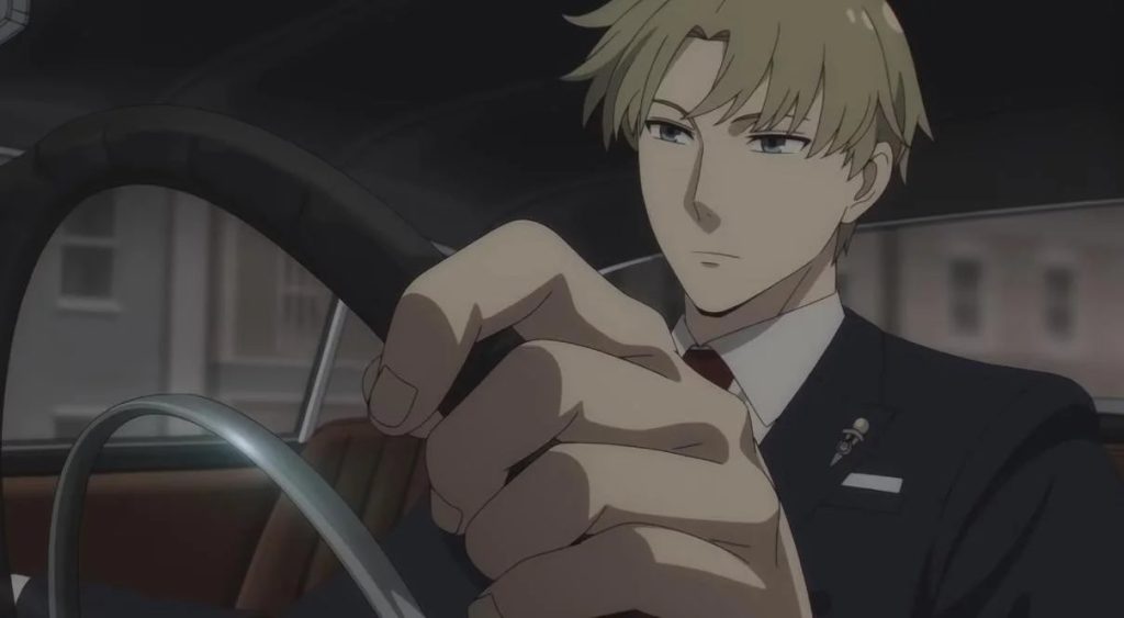 Spy x Family anime screenshot depicting Loid calmly making a getaway in a random car.