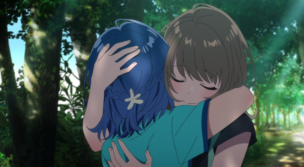 The Aquatope on White Sand screenshot depicting Kukuru and Fuuka hugging in a very intimate manner.