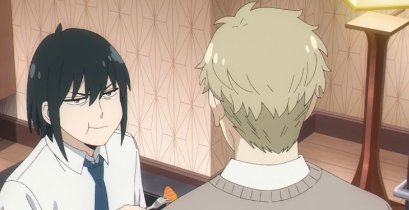 Spy x Family anime screenshot depicting Yuri pouting at Loid.
