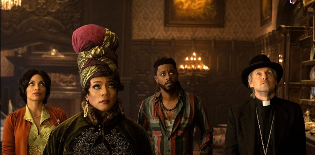 (L to R) Rosario Dawson, Tiffany Haddish, LaKeith Stanfield, and Owen Wilson in Haunted Mansion