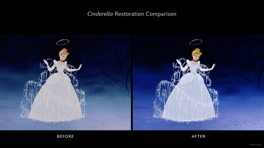 A side-by-side frame comparison from 1950's Cinderella and the new 4K restored film