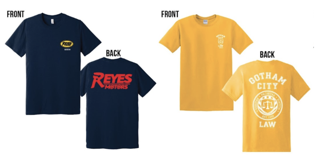 SDCC 2023 Reyes Motors and Gotham City Law Exclusive T-shirts.