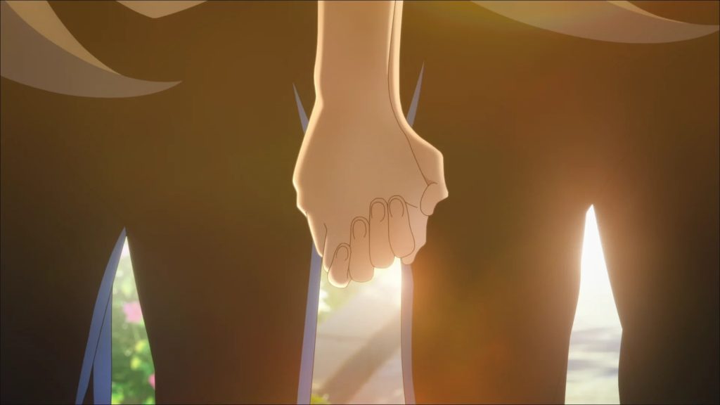 The Aquatope on White Sand screenshot depicting Fuuka and Kukuru's hands intimately intertwined with each other.