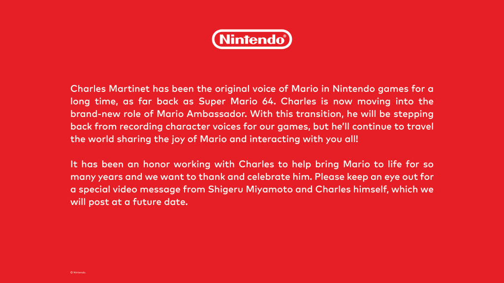 Nintendo of America Twitter message about Charles Martinet leaving his iconic role as the voice of Mario.