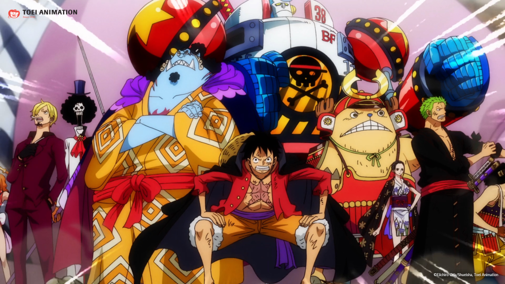 One Piece Ep. 1000 proo image featuring the entire Straw Hat Pirates lineup, with Nami and Usopp just barely in frame.