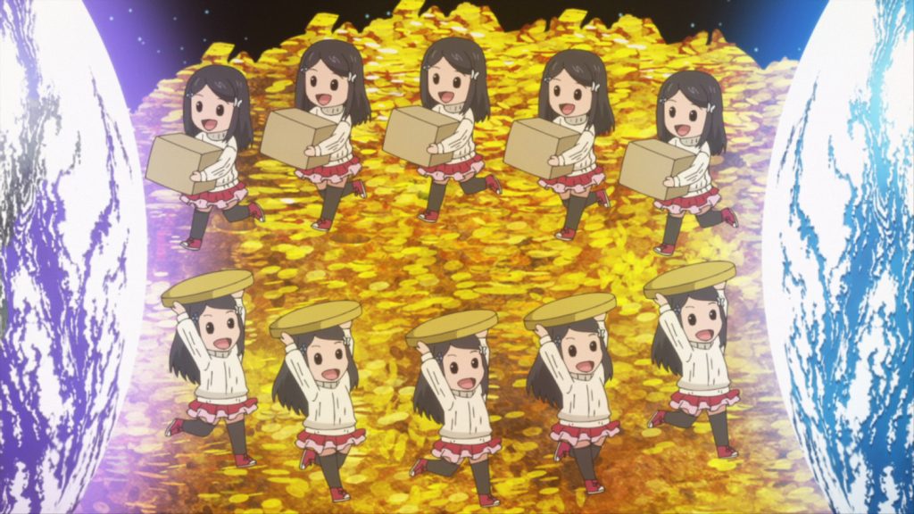 Saving 80,000 Gold in Another World for My Retirement screenshot depicting Mitsuha's plan to acquire wealth via inter-world trade.