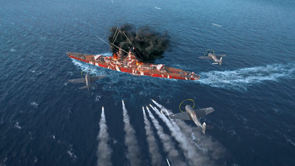 World of Warships screenshot depicting US rocket planes attacking a Republique.