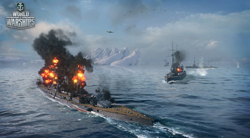 World of Warships screenshot depicting a battleship on fire and about to sink.