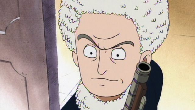 One Piece anime screenshot depicting Merry armed with a pistol, trying to uncover details about Klahadore.