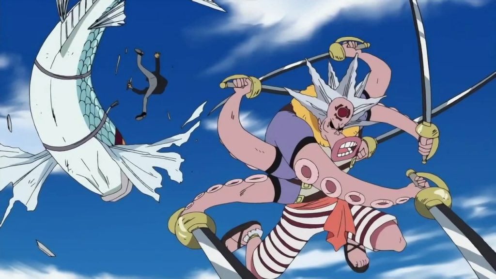One Piece anime screenshot depicting Hatchan slashing apart a man riding a fish.