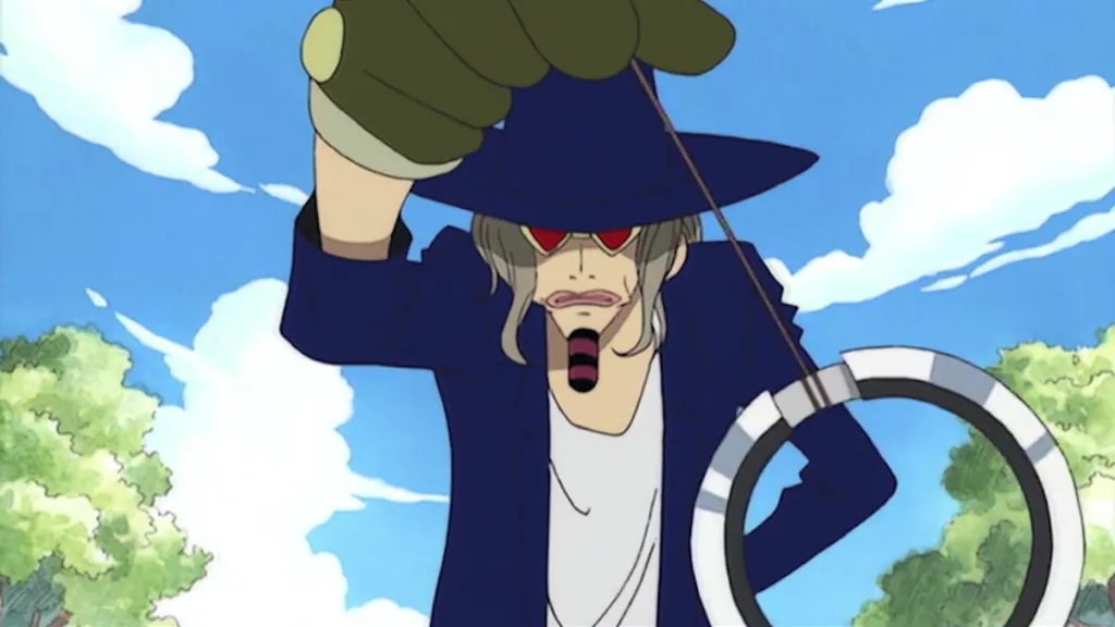 One Piece anime screenshot depicting Jango swinging this pendulum chakram thing.