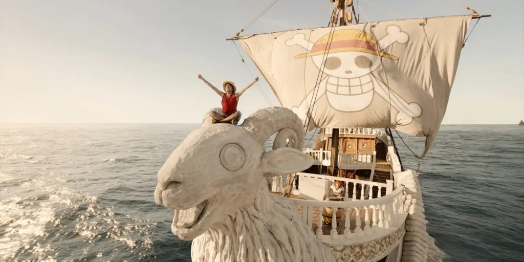 Netflix's One Piece screenshot depicting Luffy sitting atop Going Merry's figurehead.