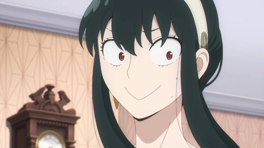 Spy x Family anime screenshot depicting Yor with a nervous smile.