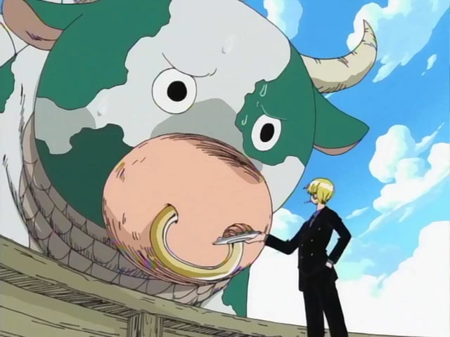 One Piece anime screenshot depicting Sanji attempting to feed Momoo.