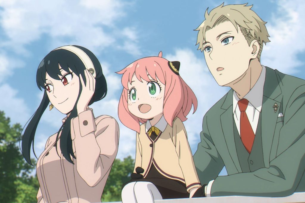 Spy x Family anime screenshot depicting the entire Forger family relaxing at a vantage point.